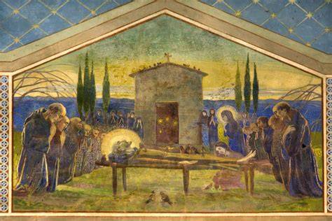 Illustrazione del ciclo pittorico di Salvatore Seme raffigurante scene della vita della Vergine, con focus sulla Crocifissione