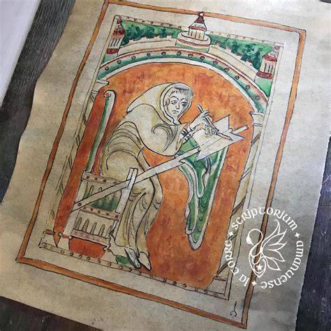 Miniatura medievale raffigurante un amanuense al lavoro