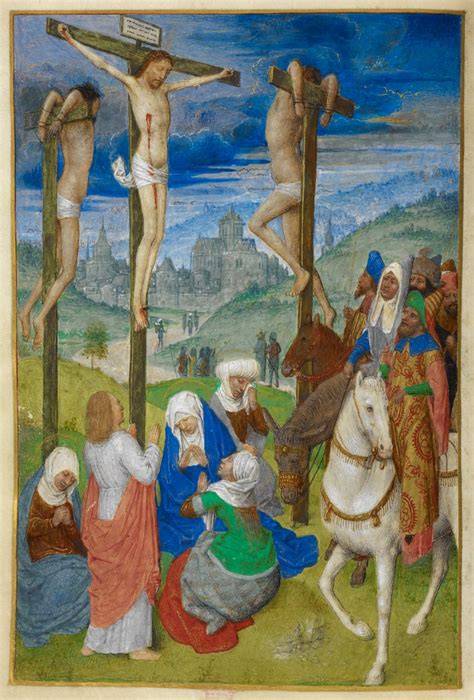 Rappresentazione artistica della crocifissione di Gesù e dei due ladroni