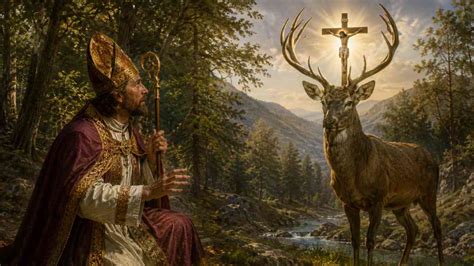 Illustrazione della conversione di Sant'Uberto con il cervo e la croce