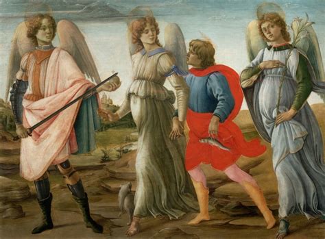 Dettaglio del dipinto che mostra gli angeli e l'angelo Raffaele con Tobia.