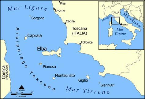 Mappa dell'Arcipelago Toscano con evidenziata l'Isola di Montecristo e la posizione dell'Abbazia