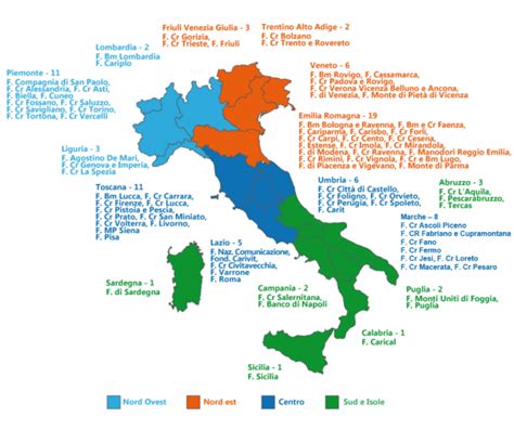 Mappa con le prime fondazioni dell'Istituto in Italia