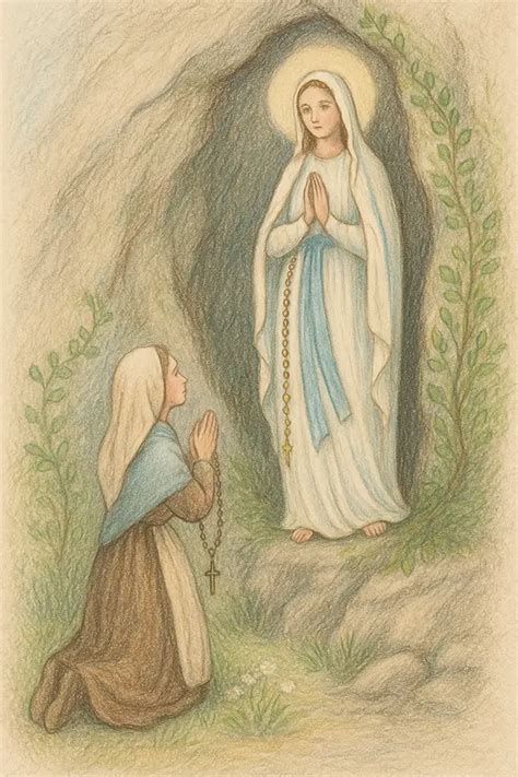 Illustrazione delle apparizioni di Lourdes a Bernadette Soubirous