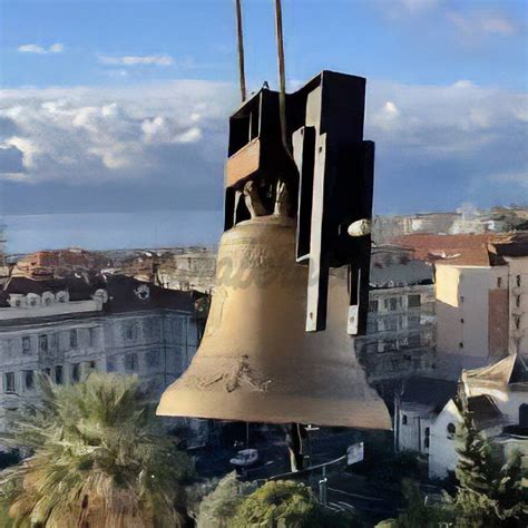 Foto: Campana della chiesa che suona al tramonto, con persone che ascoltano in lontananza
