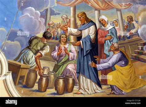 Illustrazione biblica di Maria alle nozze di Cana, con l'acqua che si trasforma in vino.