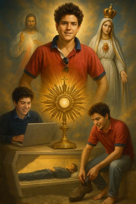 Ritratto del Beato Carlo Acutis con un sorriso sereno, magari con un riferimento all'Eucaristia o al suo computer