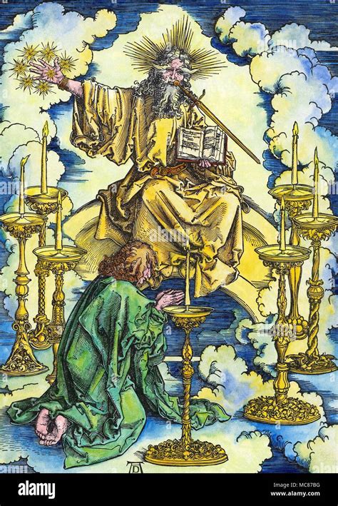 Illustrazione della visione di Giovanni a Patmos con i sette candelabri d'oro