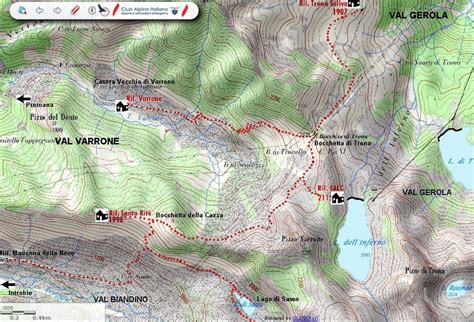 Mappa dettagliata delle valli Biandino, Varrone e Gerola con il Rifugio Santa Rita evidenziato al Passo delle Tre Croci