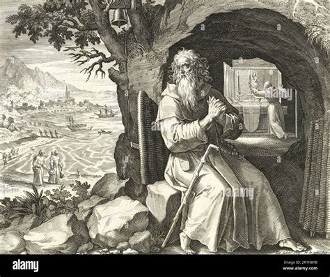 Illustrazione storica di un maestro eremita in un ambiente boschivo sereno