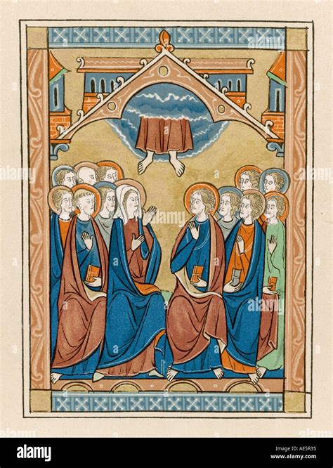 Gesù ascende al cielo, attorniato da angeli e discepoli, in un'illustrazione biblica.
