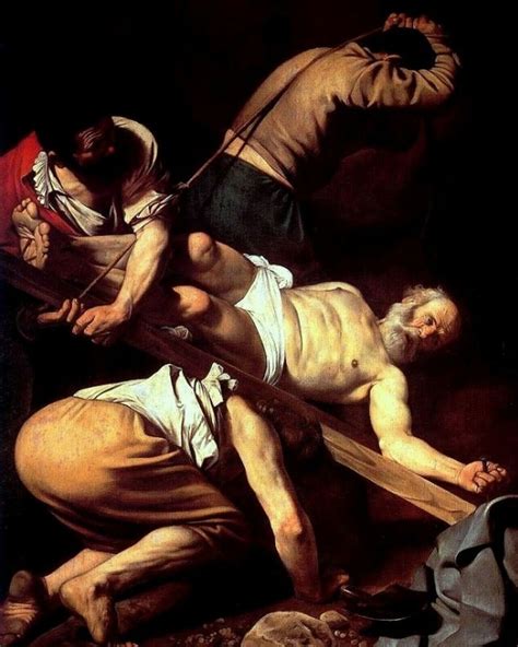 Dettaglio della Crocifissione di San Pietro di Caravaggio, con particolare attenzione alla resa della luce e dei particolari anatomici.