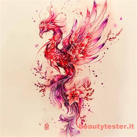 Illustrazione della Fenice con piumaggio colorato, ispirata alle descrizioni classiche