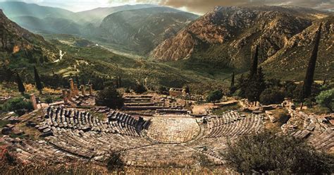 Ricostruzione artistica del santuario di Apollo a Delfi al tempo di Plutarco
