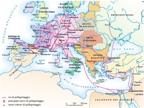 Mappa storica dei principali percorsi di pellegrinaggio in Europa e verso la Terra Santa