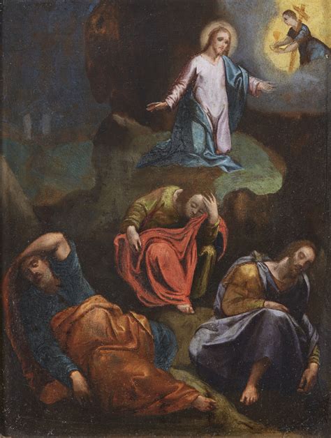 Un quadro raffigurante Gesù nell'orto degli ulivi con due eleganti arnie.