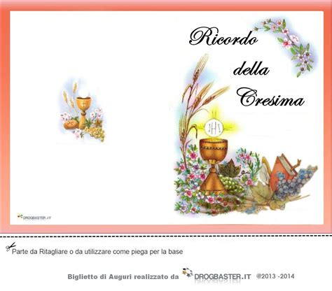 Esempio di biglietto di auguri per la Cresima con elementi grafici religiosi e spazio per foto