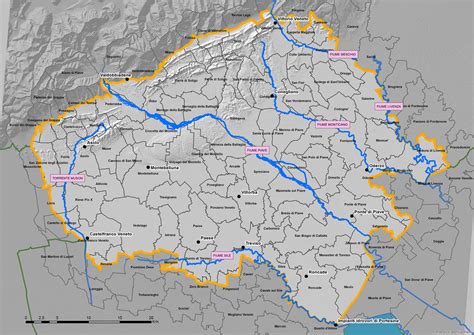 Mappa del comune di Maserada sul Piave con evidenziato il corso del fiume Piave
