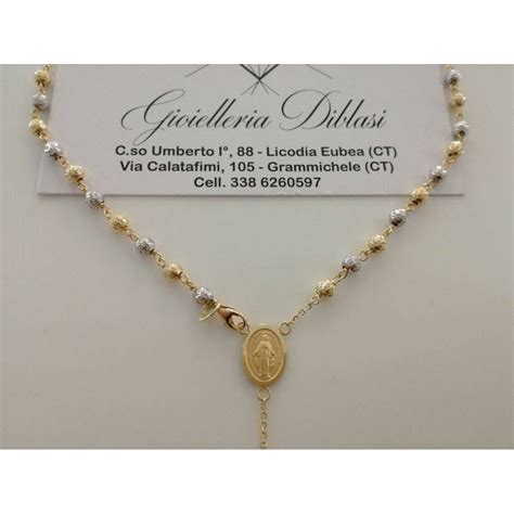 Schema di una collana rosario in oro con dettagli su catenina, grani, medaglietta e croce