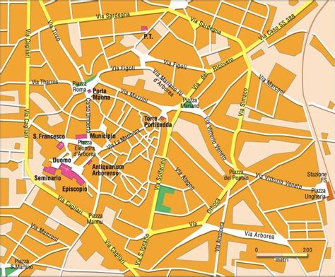 Mappa del centro di Oristano con evidenziati i plessi scolastici Frassinetti e Via Solferino