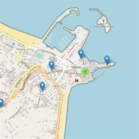 Mappa turistica di Vieste che mostra la posizione della Concattedrale nel centro storico e la penisola.