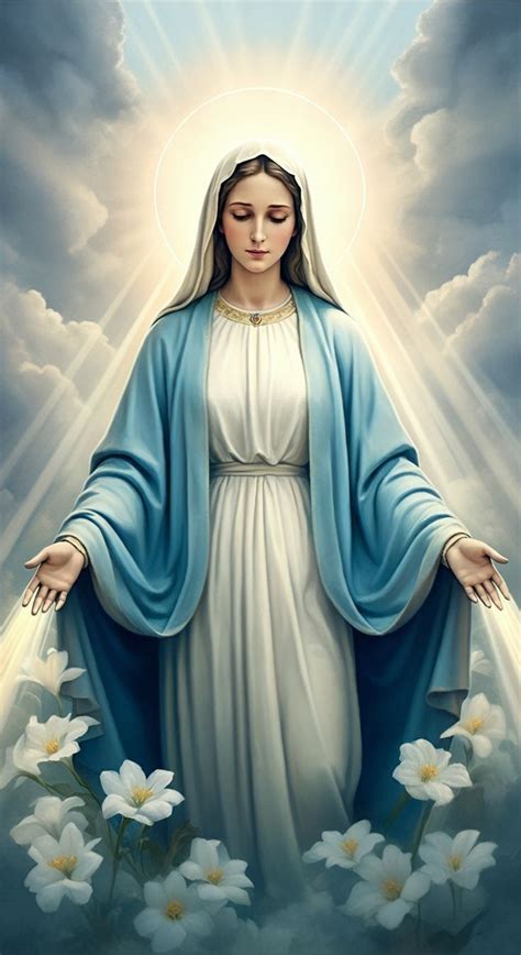 Illustrazione della Vergine Maria con uno sfondo celeste e raggi di luce, che simboleggiano la sua purezza e il dono divino.