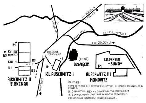 Mappa del campo di Auschwitz con indicazione delle lapidi commemorative