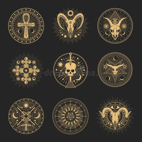 illustrazione di antichi sacerdoti che praticano rituali magici, circondati da simboli occulti