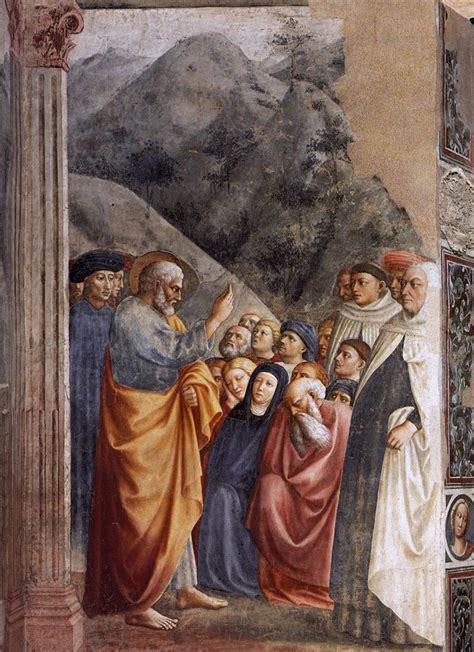 Illustrazione storica o affresco raffigurante San Pietro che predica davanti alla folla a Gerusalemme nel giorno di Pentecoste.