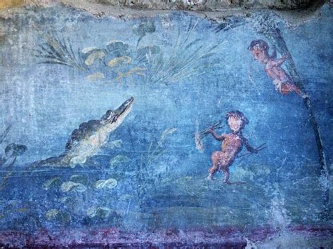 Dettaglio degli affreschi nilotici nel giardino della Casa dei Ceii, raffiguranti pigmei e animali esotici
