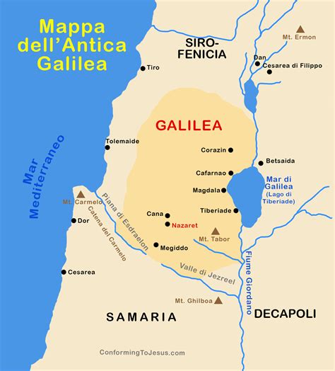 Mappa antica della Palestina che evidenzia la regione della Galilea e le città di Nazaret e Cafarnao.
