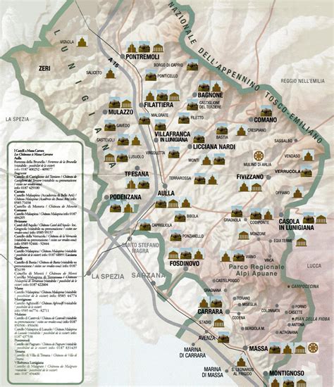 Mappa della Lunigiana con evidenziate le principali attrazioni e la Via Francigena