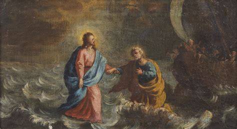 dipinto di Gesù che cammina sulle acque e Pietro che cerca di raggiungerlo