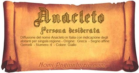 Infografica con le curiosità sul nome Anacleto: origine, significato, numero fortunato, colore e metallo.