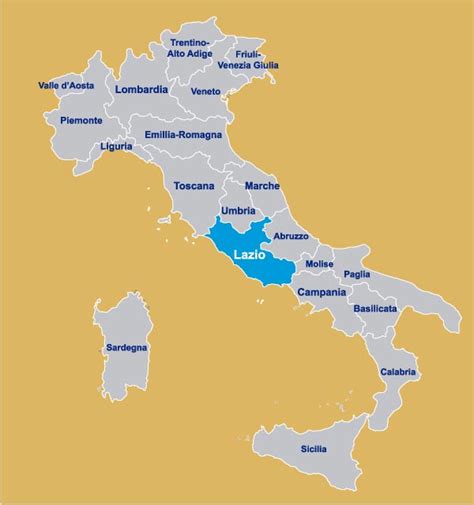 Mappa dell'Italia Centrale con evidenziate le regioni Marche e Lazio