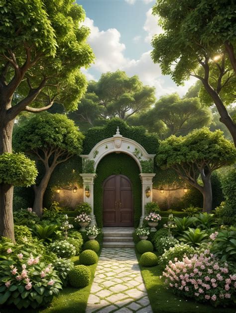 Illustrazione stilizzata di un giardino biblico con alberi e fiori.