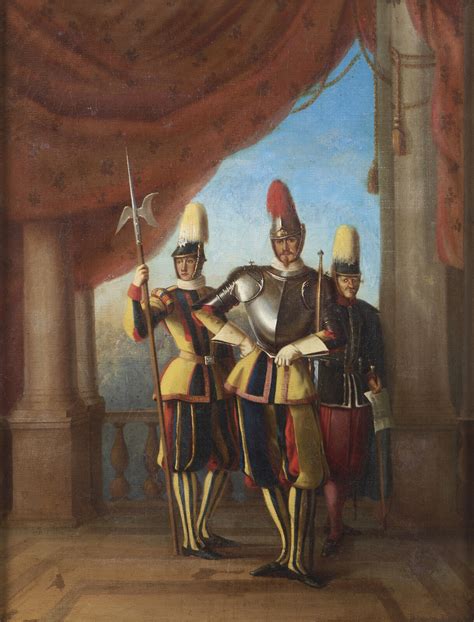 Illustrazione storica o fotografia delle guardie svizzere in uniforme tradizionale
