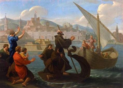 Illustrazione del miracolo di San Francesco di Paola che attraversa lo Stretto di Messina sul suo mantello