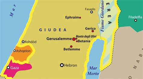 Mappa a colori che illustra l'ordinamento territoriale della regione al tempo di Gesù, evidenziando i luoghi citati nei Vangeli.
