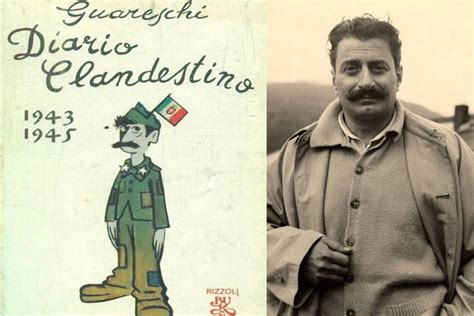 Giovannino Guareschi mentre scrive, con foto dei suoi personaggi