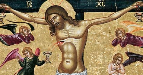 Gesù sulla Croce con il costato trafitto e sangue e acqua che sgorgano