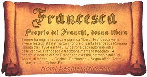 Infografica: Dettagli sul nome Francesca (significato, origine, numero fortunato, colore, metallo)