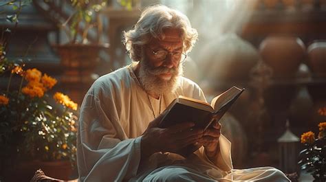 Un sacerdote anziano che legge un libro sacro in un ambiente sereno