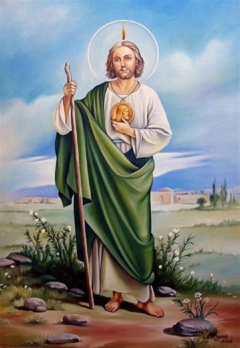 Illustrazione iconografica di San Giuda Taddeo con il volto di Cristo sul petto e il bastone da pellegrino