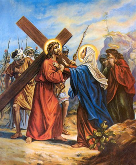 Immagine della Via Crucis con la Vergine Maria che segue Gesù.