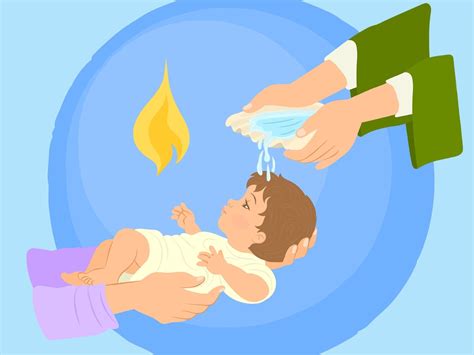 Un neonato che riceve il battesimo con il parroco che versa acqua sul suo capo.