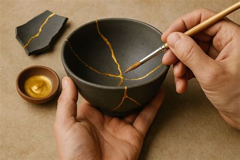 Un vaso in ceramica riparato con la tecnica Kintsugi, evidenziando le linee dorate delle riparazioni.