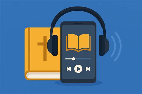 Persona che ascolta una Bibbia audio su uno smartphone, con un'icona di auricolari e una Bibbia aperta sullo sfondo