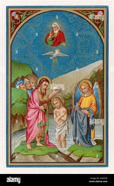 Gesù viene battezzato da Giovanni Battista, con lo Spirito Santo che scende come una colomba e la voce di Dio Padre dal cielo
