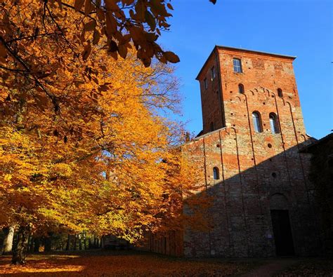 Veduta d'insieme dell'Abbazia di Santa Giustina a Sezzadio, evidenziando il contrasto tra l'imponente struttura romanica e gli edifici rurali circostanti